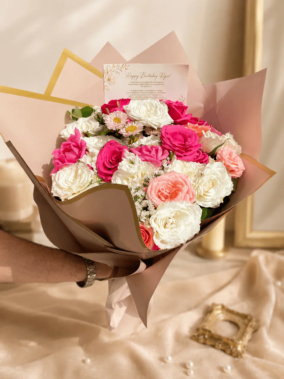 Birthday Blush pink and white birthday bouquet with card for flower delivery in Tangier