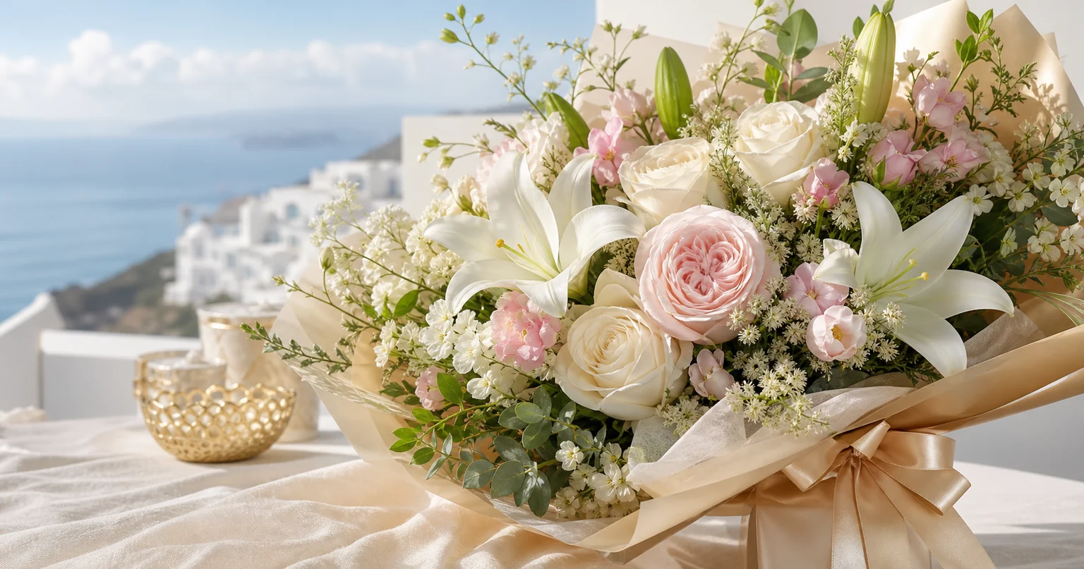 Luxury ivory and blush flower arrangement with champagne accents for flower delivery in Tangier
