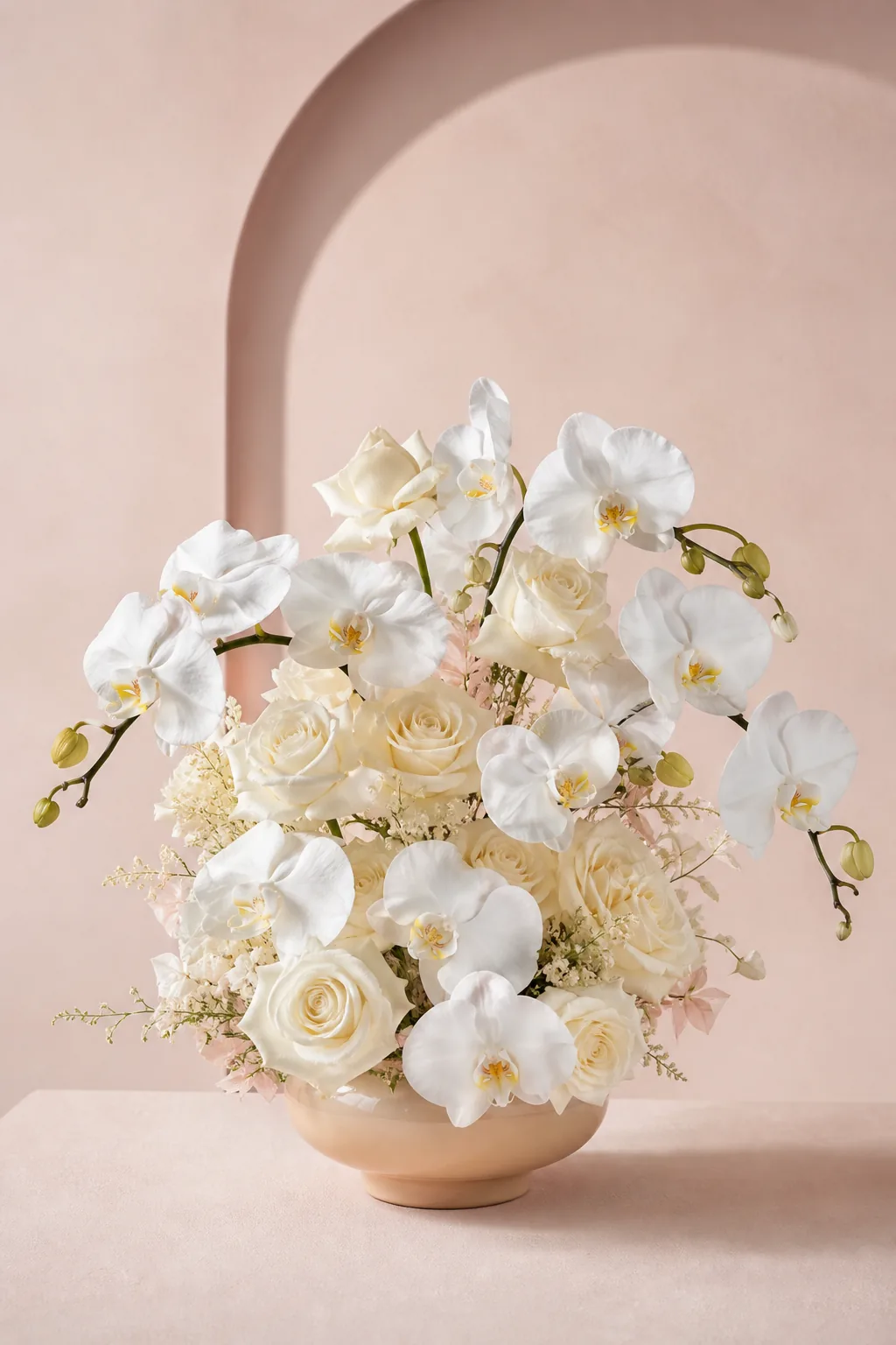 White lilies, roses and greenery arranged by a florist in Tangier
