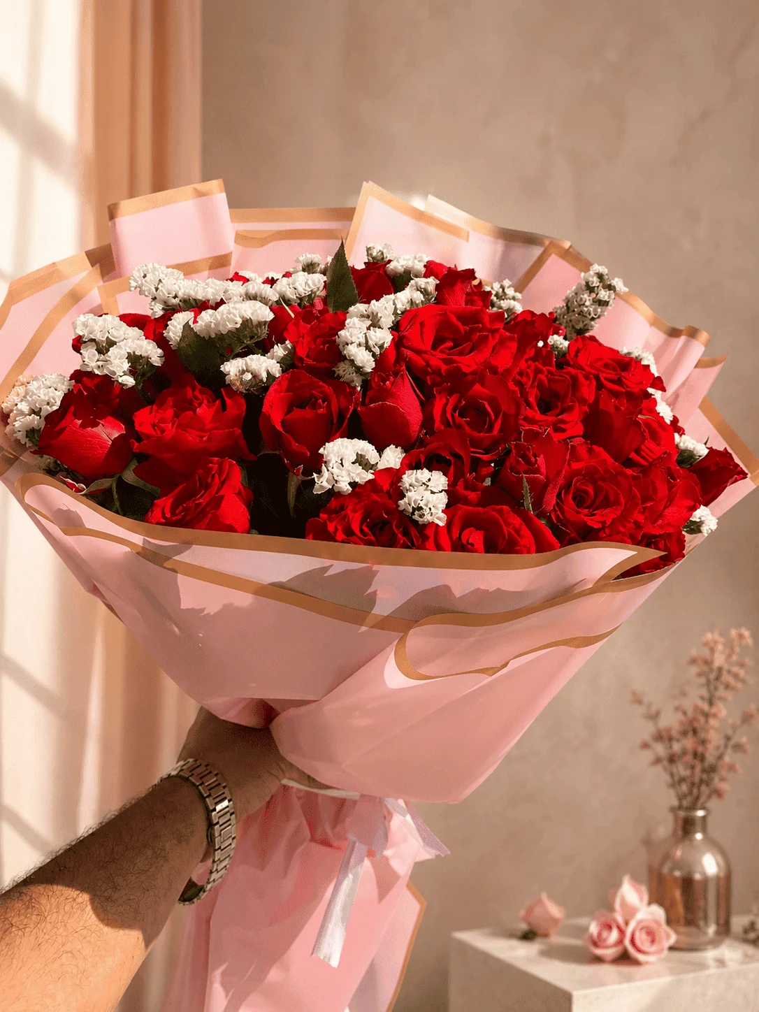 Premium red rose bouquet in pink wrapping for flower delivery in Tetouan