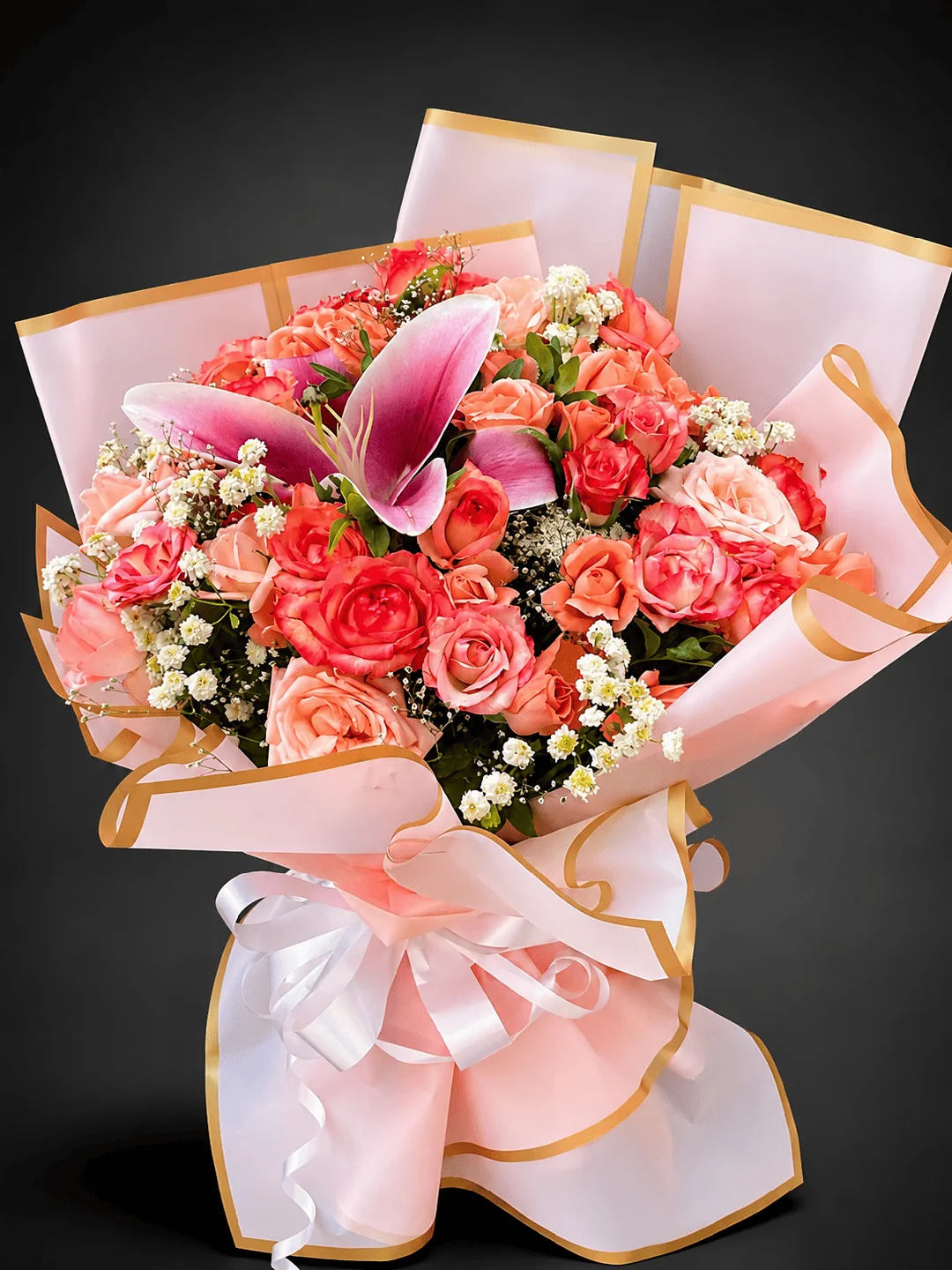 Birthday Bloom pink lilies and roses by Flowers Tangier for same-day flower delivery Tangier and luxury flower delivery in Tangier