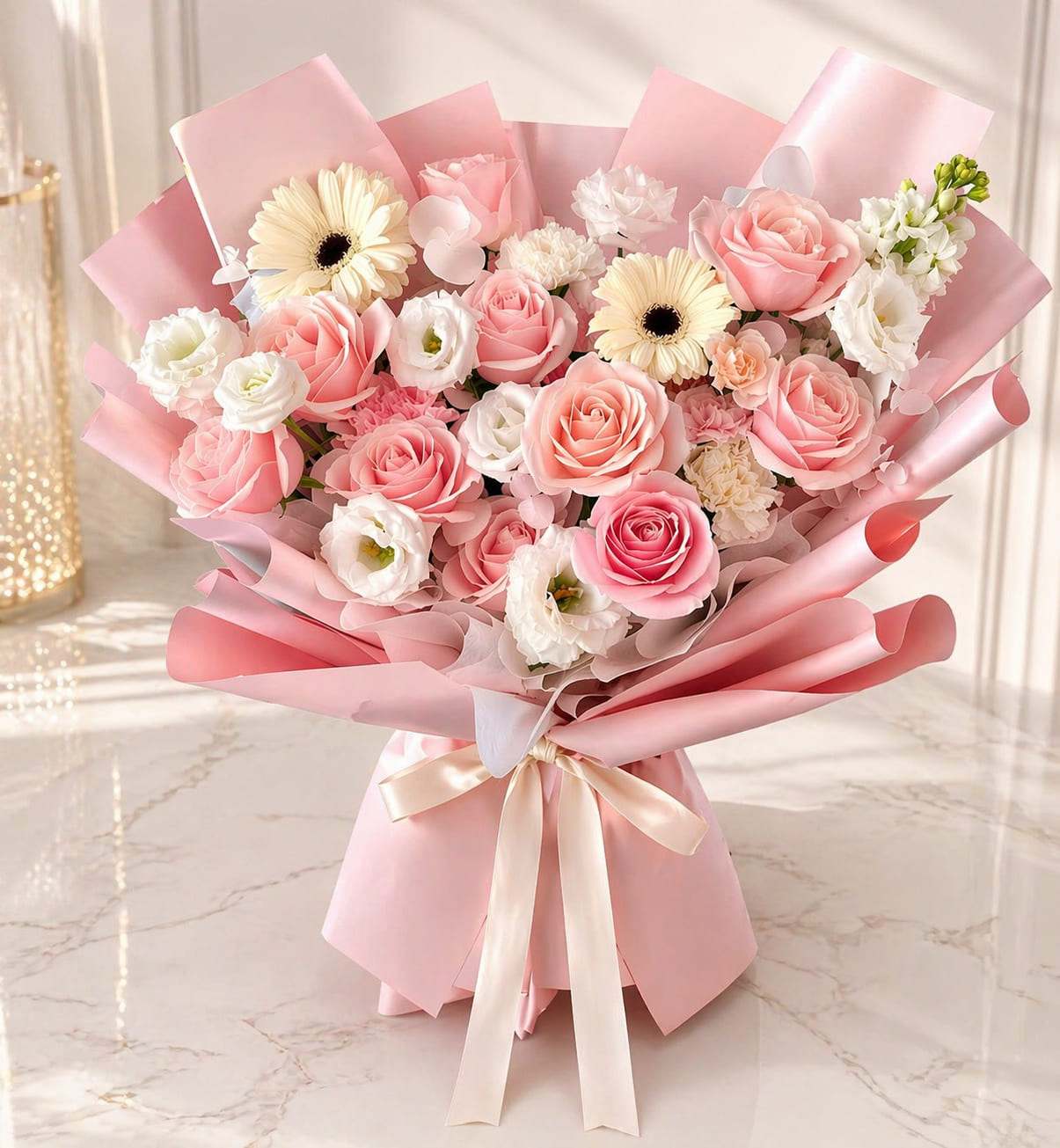 Blush Romance pink and white bouquet by Flowers Tangier for luxury flower delivery in Tangier and send flowers to Tangier